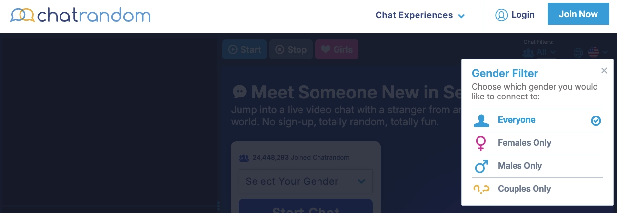 Chatrandom Gender and Location Filters